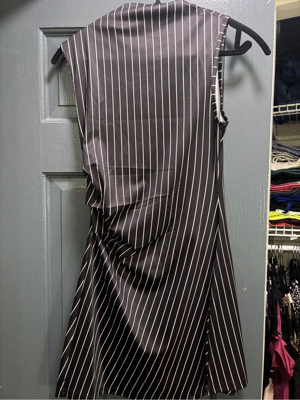 Sleeveless Black Pinstripe Shift Dress